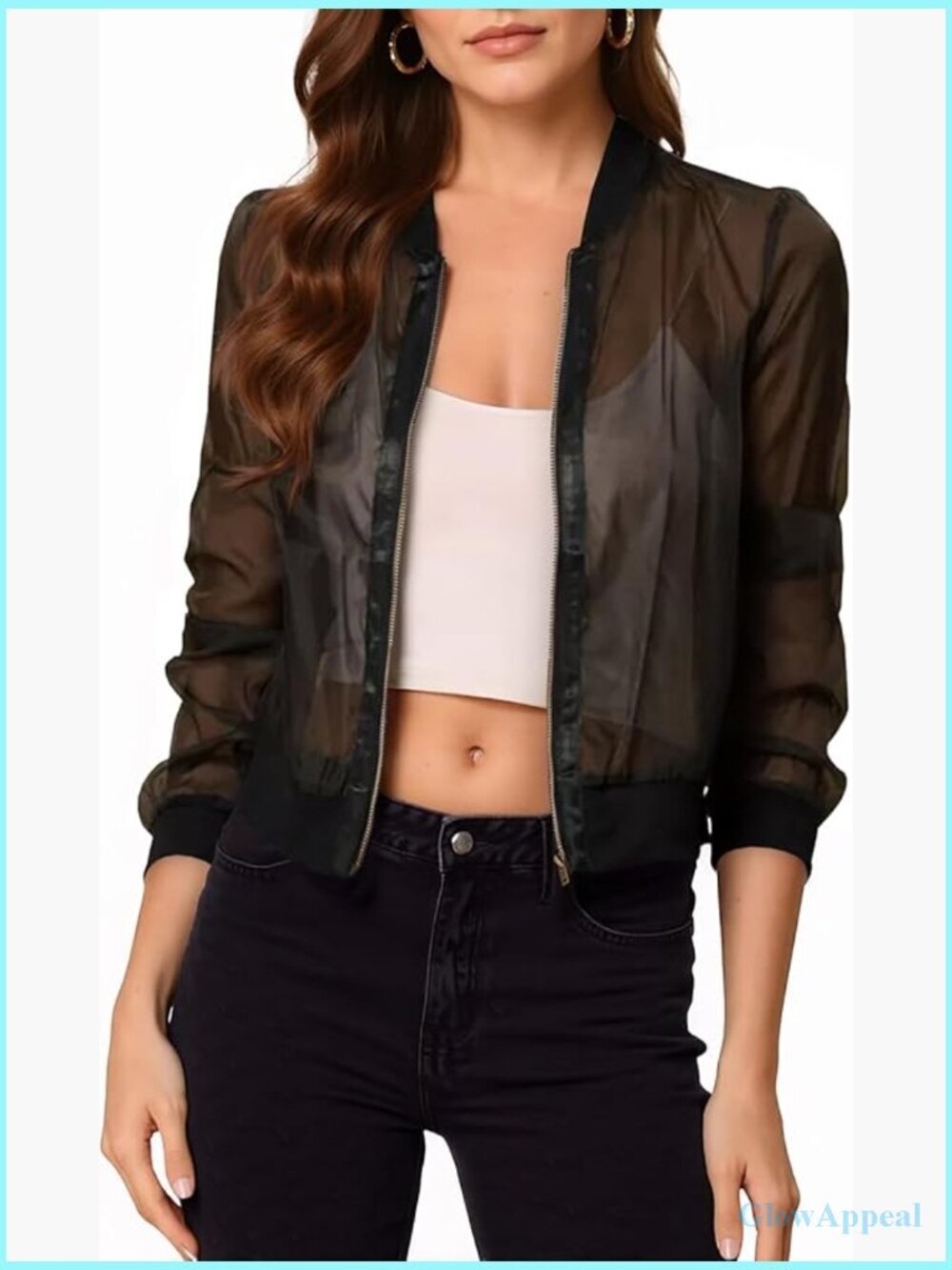Women's Crop Mesh Sheer Bomber Jacket Lightweight Long Sleeve Zip Up